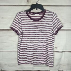 GAP Striped T-Shirt Women Small Burgundy Velvet Trim Crew Neck Tee Knit Pullover